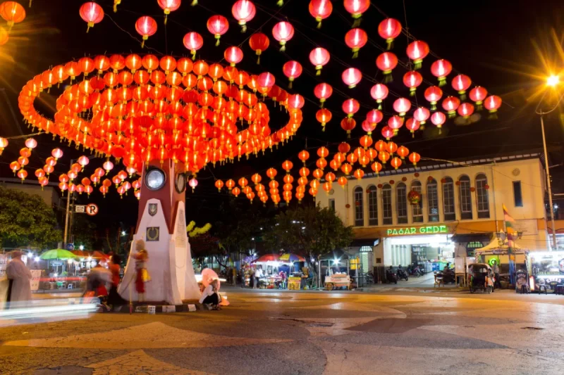 Surakarta - Indonesia, February 2, 2023 : View of Pasar Gede with Chinese New Year red lanterns at night, warm lights